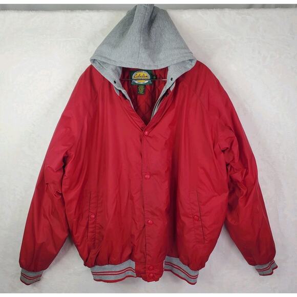 Vtg 90s Cabela's Men Sz XL Red/Gray Full Zip/Snaps Hooded Varsity Bomber Jacket - Picture 1 of 15